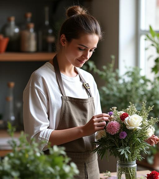 La nostra fiorista mentre compone un bouquet nel laboratorio di Genova