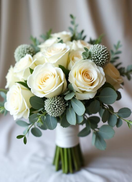 Bouquet da sposa con rose bianche e eucalipto